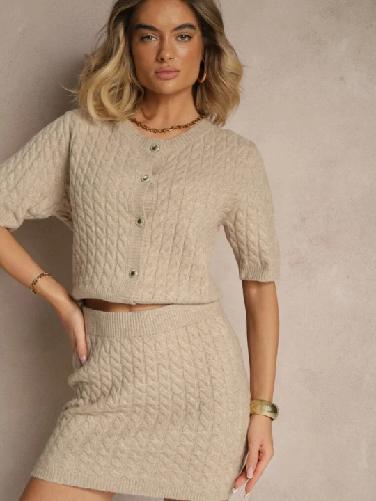 Zdjęcie produktu Beżowa Spódnica Sweterkowa z Wełną High Waist Selzeki Acajo