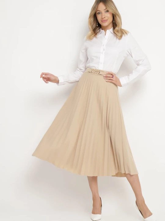 Zdjęcie produktu Beżowa Spódnica z Gumką i Metalową Ozdobą w Pasie Azami New Collection