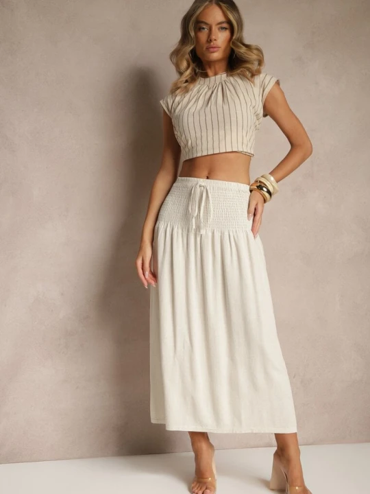 Zdjęcie produktu Beżowa Spódnica z Wiskozą i Lnem High Waist o Rozkloszowanym Kroju Lumerellea J&x