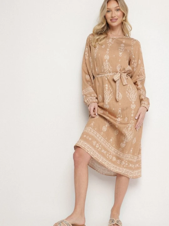 Zdjęcie produktu Beżowa Sukienka we Wzory Boho Pudełkowa z Paskiem w Talii Lisanea J&x