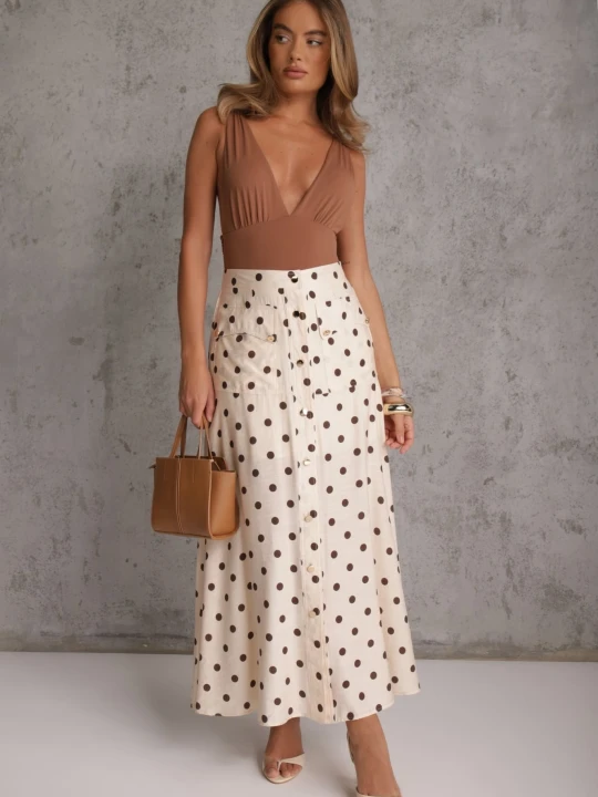 Zdjęcie produktu Beżowa Wiskozowa Spódnica High Waist w Kropki z Guzikami Tadalion Unigirl