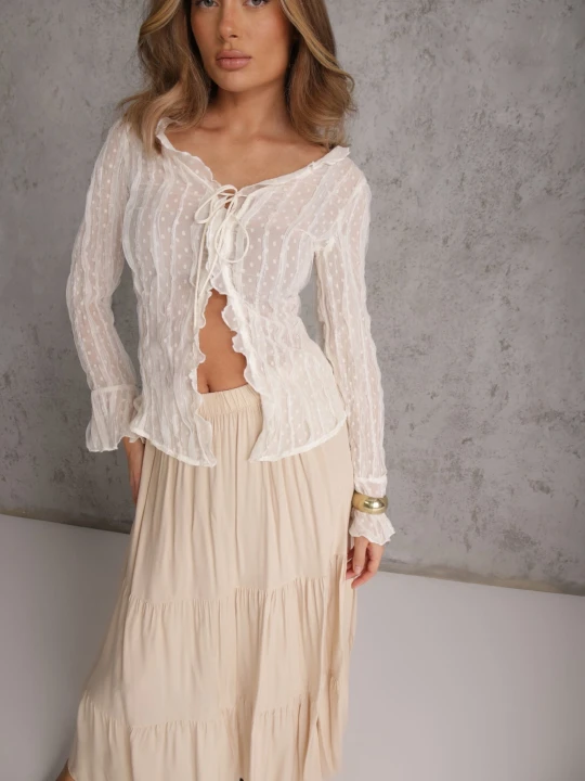 Zdjęcie produktu Beżowa Wiskozowa Spódnica High Waist z Gumką w Talii i Falbanką Christiara Bludeise