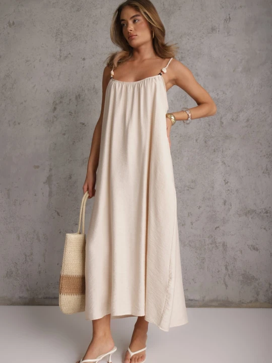 Zdjęcie produktu Beżowa Wiskozowa Sukienka Boho o Pudełkowym Kroju na Ramiączkach z Koralikami Aleino J&x