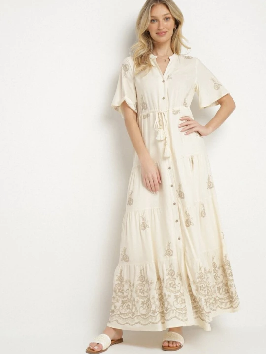 Zdjęcie produktu Beżowa Wiskozowa Sukienka Boho o Rozkloszowanym Kroju z Haftem i Wiązaniem Lilvanis Unigirl
