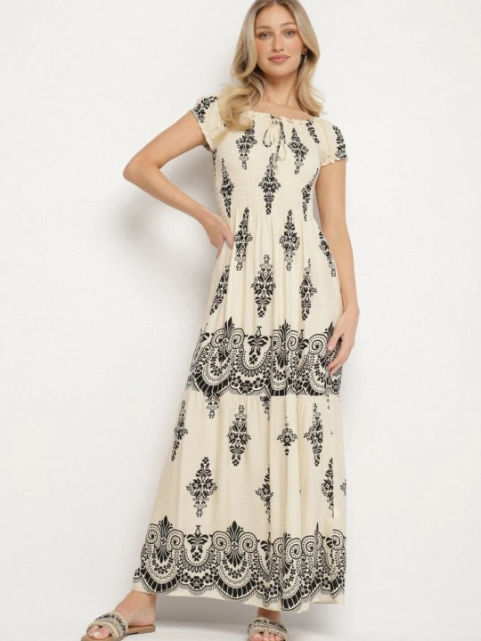 Zdjęcie produktu Beżowa Wiskozowa Sukienka z Marszczoną Góra i Wzorem Boho Ellifae J&x