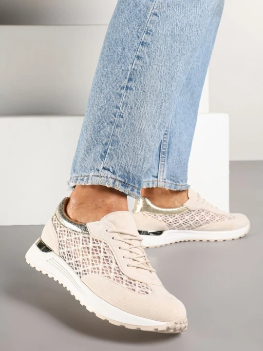 Zdjęcie produktu Beżowe Ażurowe Sneakersy na Podeszwie z Metaliczną Wstawką Neomira