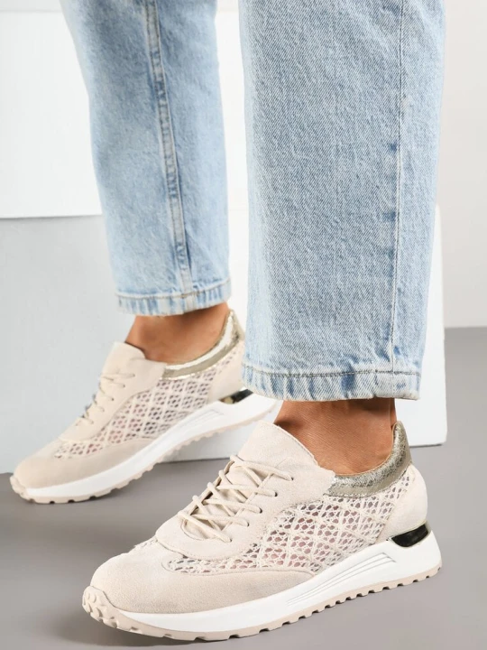 Zdjęcie produktu Beżowe Ażurowe Sneakersy Ozdobione Metalicznymi Wstawkami Sdivane Mellisa