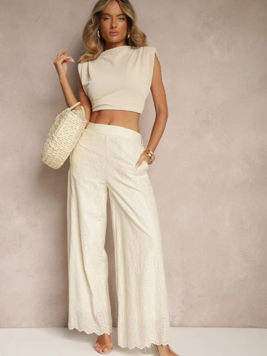 Zdjęcie produktu Beżowe Bawełniane Haftowane Spodnie High Waist o Szerokim Kroju Milirelia Rosa