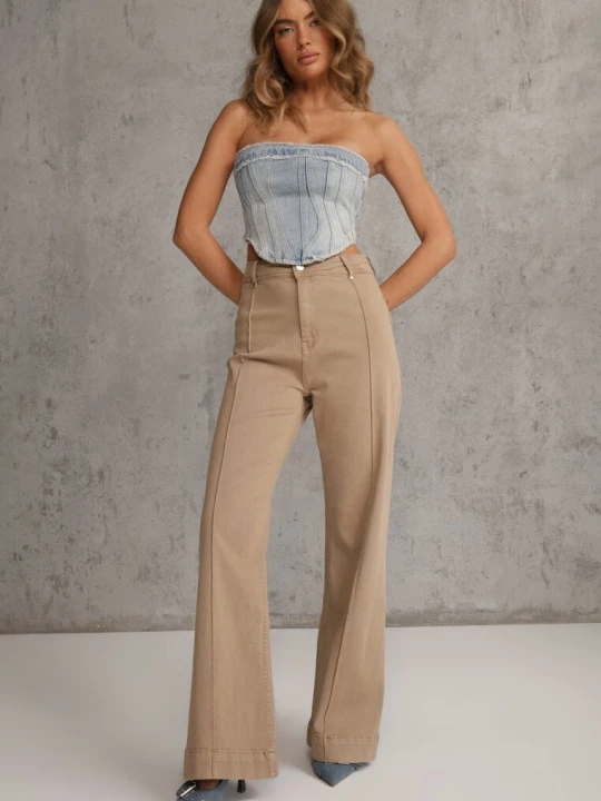 Zdjęcie produktu Beżowe Bawełniane Jeansy High Waist Wide Leg z Pionowymi Przeszyciami Ethemithea Hello Miss