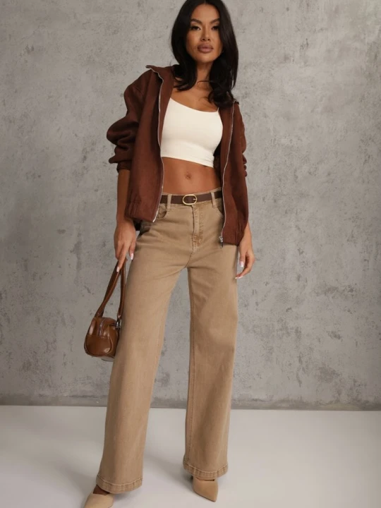 Zdjęcie produktu Beżowe Bawełniane Jeansy Regular Waist z Szerokimi Nogawkami Nindria Milas91