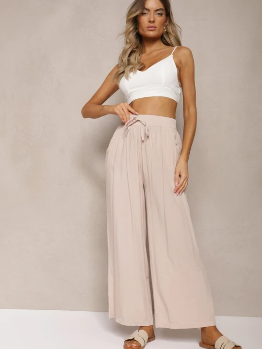 Zdjęcie produktu Beżowe Bawełniane Szerokie Spodnie Kuloty High Waist z Gumką w Talii Evitaes Airisa