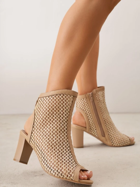 Zdjęcie produktu Beżowe Botki Peep Toe z Plecionki na Słupku ze Skórzaną Wkładką Alenika M.Daszyński