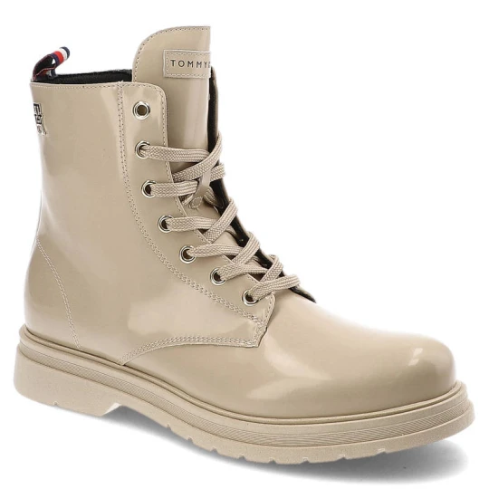 Zdjęcie produktu Botki damskie Tommy Hilfiger, cholewka ze skóry lakierowanej sznurowanie dodatkowy suwak masywna podeszwa z bieżnikiem, beige, T4A5-32411-1453500