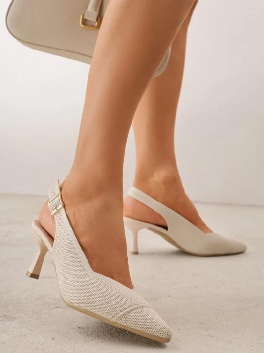Zdjęcie produktu Beżowe Czółenka Slingback VICES z Tkaniny na Niskim Obcasie z Wkładką Soft-Pillow Orinysha