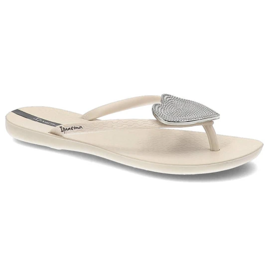 Zdjęcie produktu Japonki damskie Ipanema, na płaskiej podeszwie wykonane z tworzywa syntetycznego z paskiem między palcami i dekoracyjną aplikacją na przodzie, beige