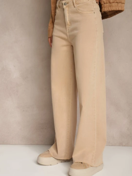 Zdjęcie produktu Beżowe Jeansy High Waist Wide Leg z Surowo Zakończonymi Nogawkami Rhelnell Milas91