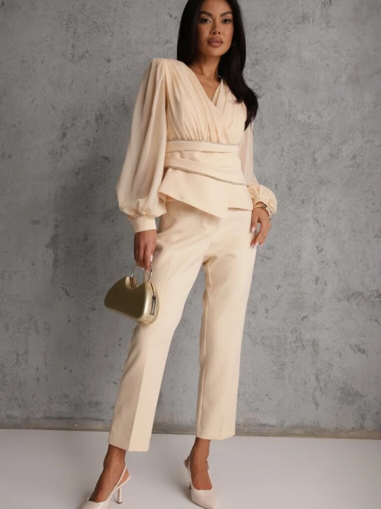 Zdjęcie produktu Beżowe Klasyczne Spodnie VICES Garniturowe High Waist Dimaia