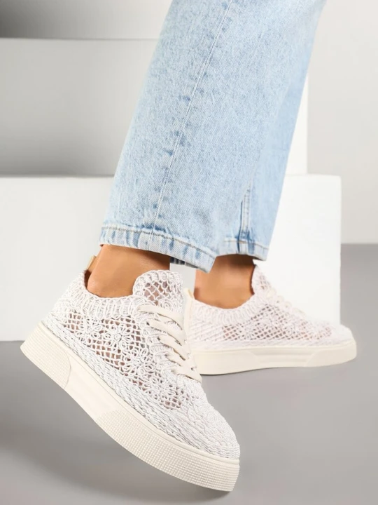 Zdjęcie produktu Beżowe Koronkowe Sneakersy na Niskiej Platformie Nanalisea Marquiiz