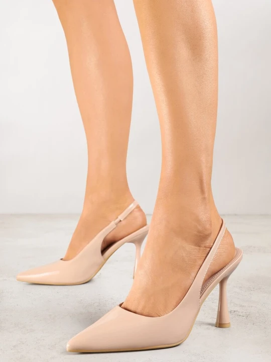 Zdjęcie produktu Beżowe Lakierowane Sandały Szpilki Typu Slingback Ulios