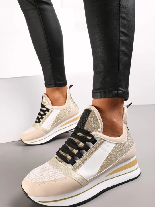 Zdjęcie produktu Beżowe Płaskie Sneakersy na Grubej Podeszwie ze Sznurowaniem Ozdobione Brokatem Krisfina Różowy