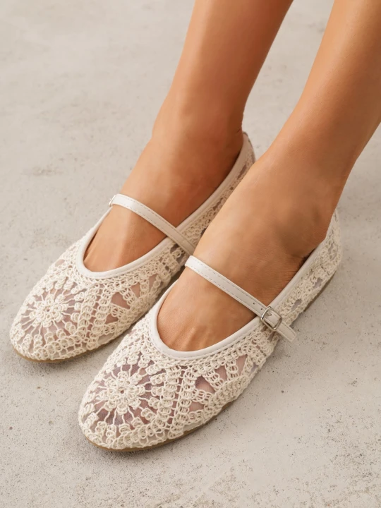 Zdjęcie produktu Beżowe Plecione Balerinki Boho w Stylu Mary Jane z Siateczki Raithea