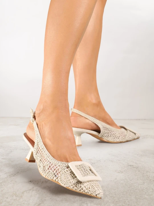 Zdjęcie produktu Beżowe Sandały na Kaczuszce Typu Slingback Ozdobione Plecionką i Klamrą Elivrella Ideal