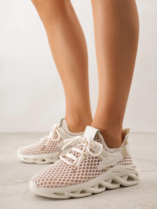 Zdjęcie produktu Beżowe Siateczkowe Buty Sportowe Sneakersy na Grubej Tłoczonej Podeszwie Telarienna Joalice Paris