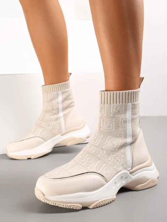 Zdjęcie produktu Beżowe Skarpetkowe Sneakersy na Płaskiej Grubej Podeszwie Parnelia