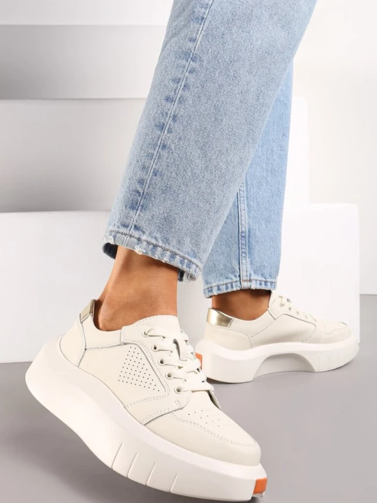 Zdjęcie produktu Beżowe Skórzane Sneakersy na Grubej Podeszwie przed Kostkę Olerassa