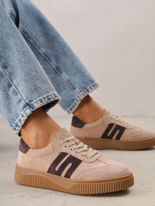 Zdjęcie produktu Beżowe Skórzane Sneakersy w Stylu Tenisówek z Geometrycznym Wzorem Halossea Goodin