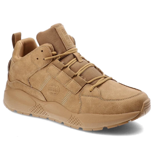 Zdjęcie produktu Sneakersy damskie Big Star, z połączenia skóry naturalnej zamszowej i materiału tekstylnego z panelową cholewką klasycznym sznurowaniem, camel, KK174 beżowy