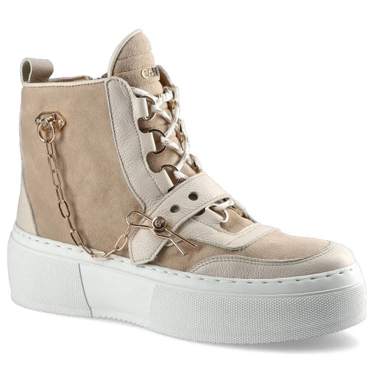 Zdjęcie produktu Sneakersy damskie Carinii, naturalna skóra zamszowa ze sznurowaniem i zapinaniem na pasek blokowany zawleczką ia wysokiej płaskiej podeszwie, beżowe
