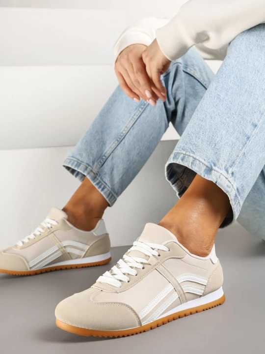 Zdjęcie produktu Beżowe Sneakersy Klasyczne Tenisówki Zdobione Przeszyciami Ellexia