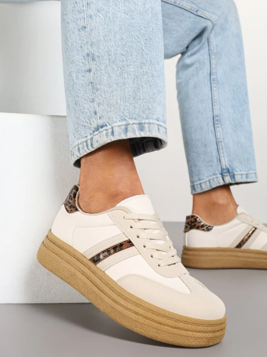Zdjęcie produktu Beżowe Sneakersy Kultowe Tenisówki na Grubej Podeszwie Ozdobione Wzorem w Panterkę Gonelis Joalice Paris