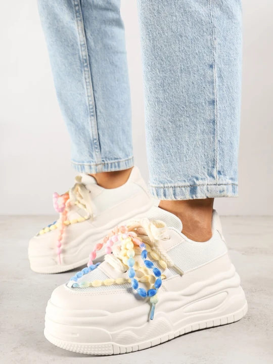 Zdjęcie produktu Beżowe Sneakersy na Grubej Podeszwie Ozdobione Koralikami Amomera Ideal