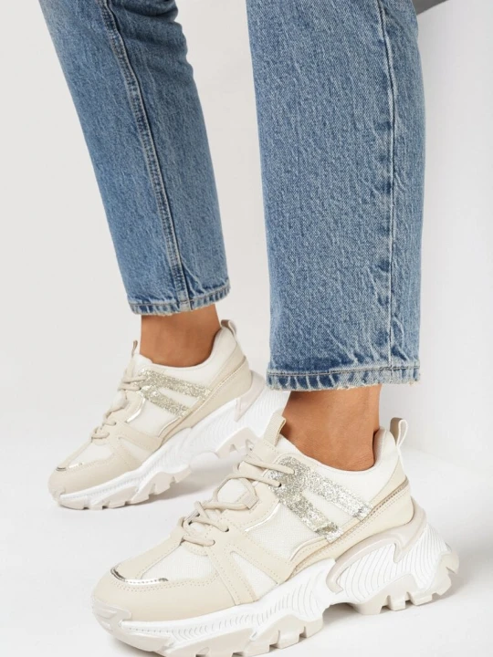 Zdjęcie produktu Beżowe Sneakersy na Grubej Podeszwie z Brokatem i Wstawkami Tensora