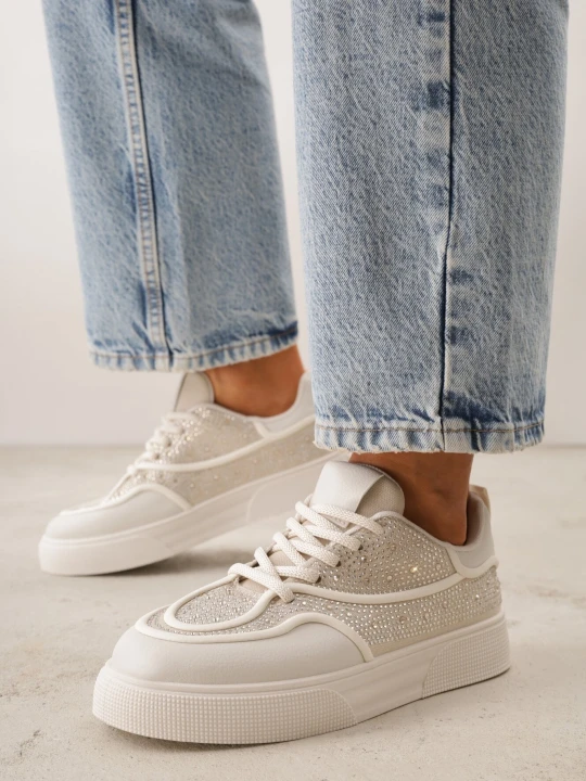 Zdjęcie produktu Beżowe Sneakersy na Grubej Podeszwie z Cyrkoniami Catith Marquiiz