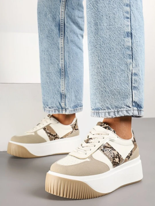 Zdjęcie produktu Beżowe Sneakersy na Grubej Podeszwie z Metalicznymi Wstawkami Fonelina