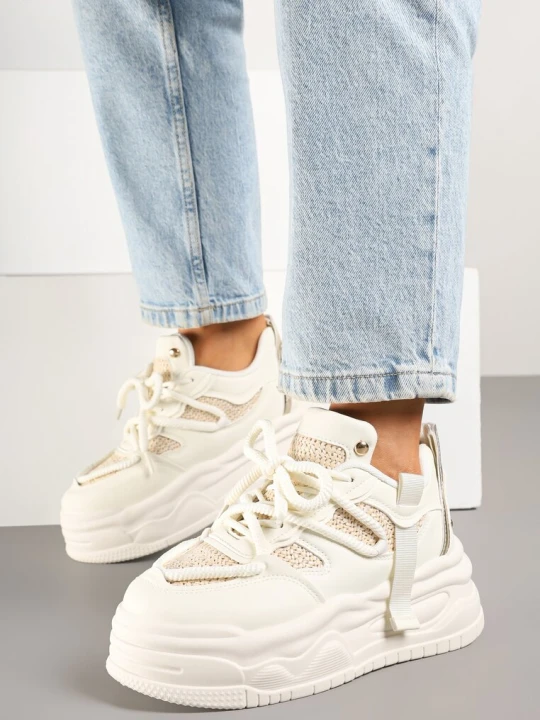 Zdjęcie produktu Beżowe Sneakersy na Grubej Podeszwie z Ozdobnym Sznurowaniem Punea Ideal