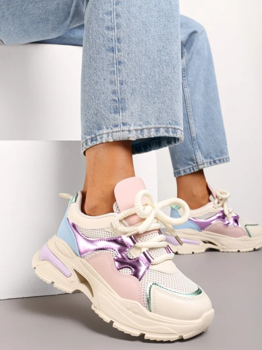 Zdjęcie produktu Beżowe Sneakersy na Grubej Podeszwie z Ozdobnymi Sznurówkami Robella