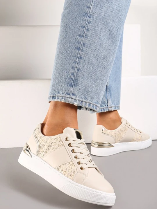 Zdjęcie produktu Beżowe Sneakersy na Grubej Podeszwie z Plecioną Wstawką i Błyszczącymi Detalami Issla