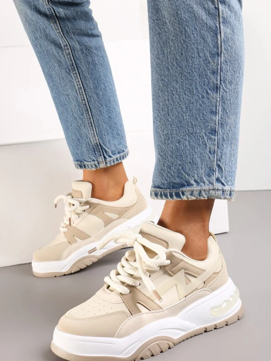 Zdjęcie produktu Beżowe Sneakersy na Grubej Podeszwie z Szerokim Wiązaniem Iniestra