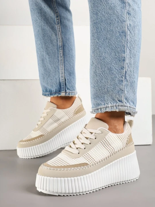 Zdjęcie produktu Beżowe Sneakersy na Grubej Podeszwie z Tłoczeniami Zdobione Przeszyciami Falinia Ideal