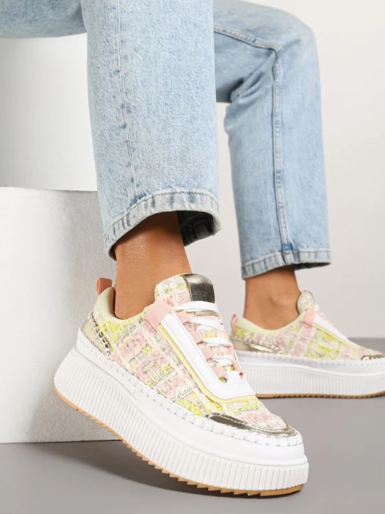 Zdjęcie produktu Biało-Różowe Sneakersy na Grubej Podeszwie Zdobione Tweedem i Przeszyciami Ulamoriela