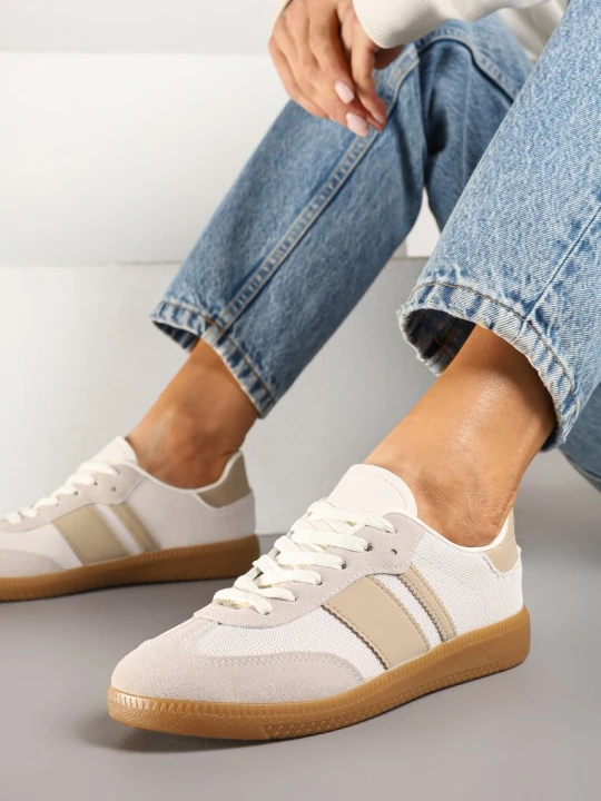 Zdjęcie produktu Beżowe Sneakersy na Kauczukowej Podeszwie Ozdobione Paskami Emidi Seastar