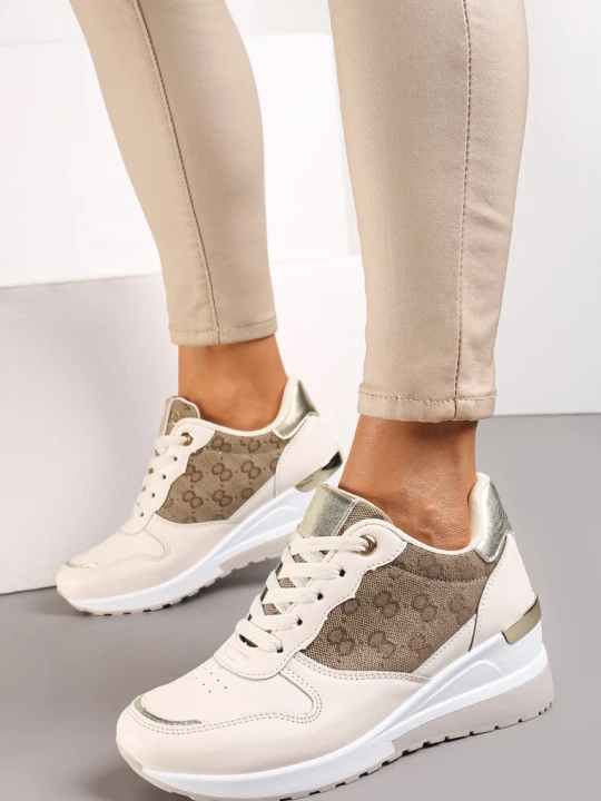 Zdjęcie produktu Beżowe Sneakersy na Koturnie z Metaliczną Wstawką Derine