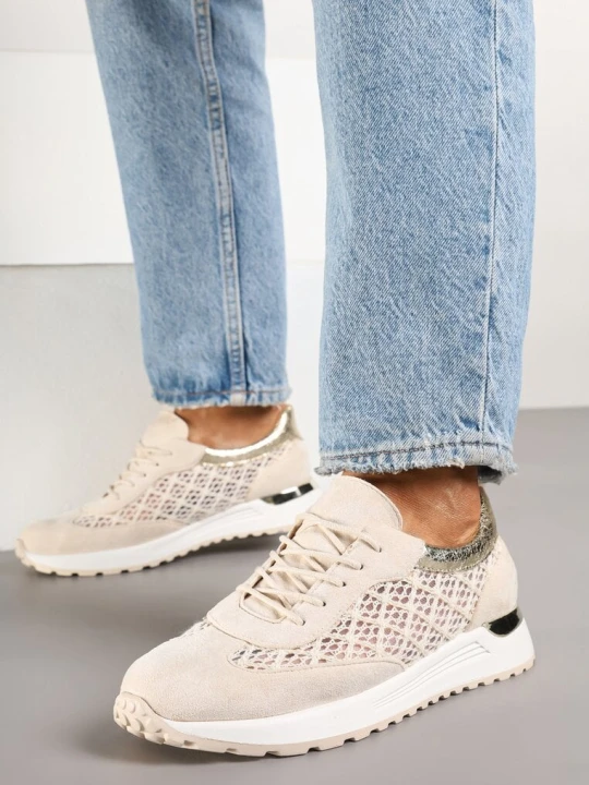 Zdjęcie produktu Beżowe Sneakersy na Piankowej Podeszwie z Ażurową Cholewką Rineora