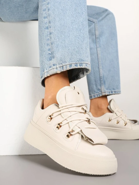 Zdjęcie produktu Beżowe Sneakersy na Platformie Ozdobione Wstawką i Rzemykami na Języku Barilsa MSMG