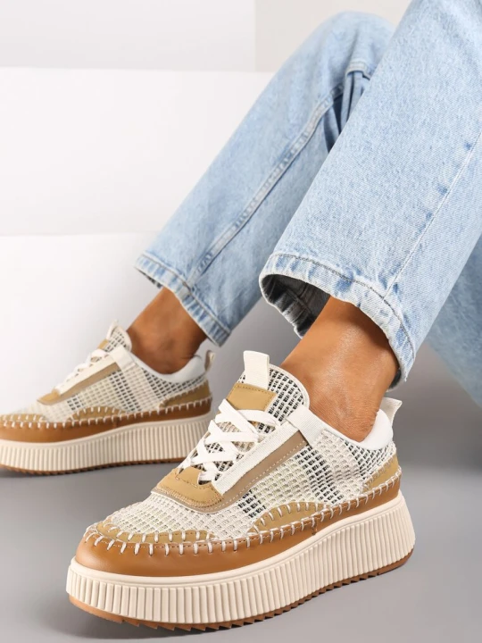 Zdjęcie produktu Beżowe Sneakersy na Platformie Wykończone Przeszyciami Terionna