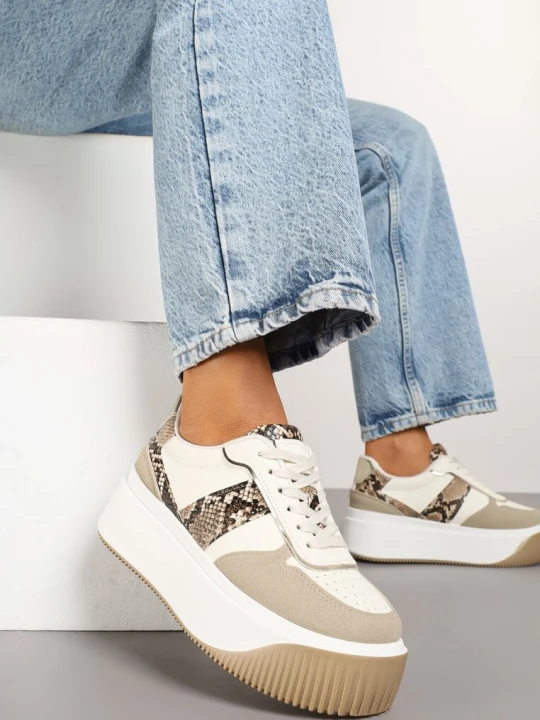 Zdjęcie produktu Beżowe Sneakersy na Platformie z Metalicznym Zdobieniem Fonarien